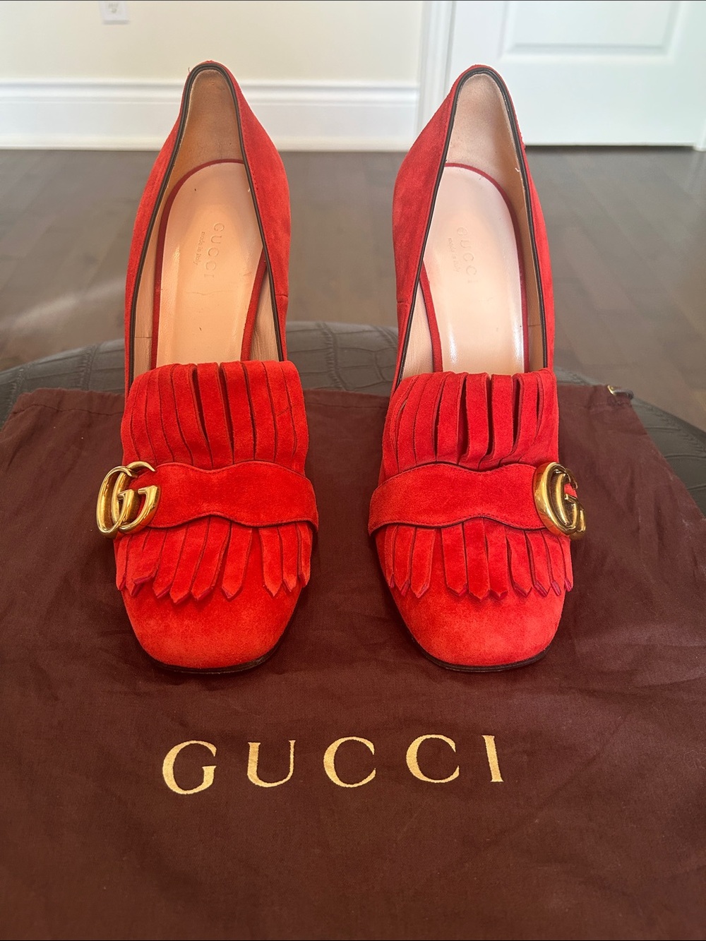 Gucci Red Suede Fringe Pumps with Gold Double G
